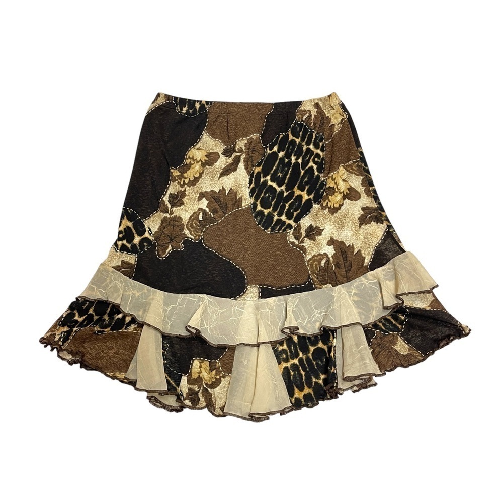 Vintage patchwork skirt size L mini ruffles leopard earthy tones A line Y2K